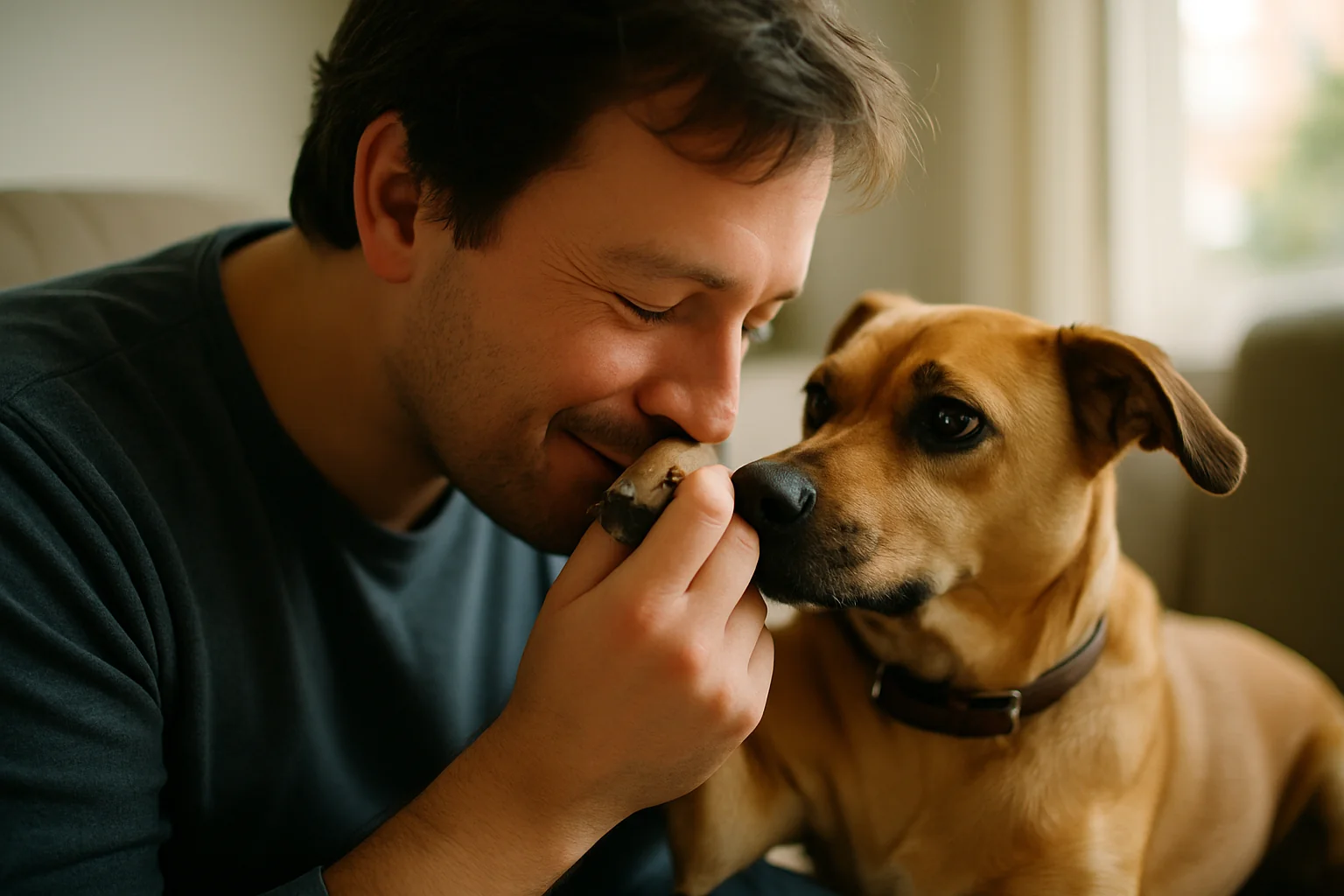 A person smiling and lifting their dog's paw close to their nose to smell it, candid moment at home
