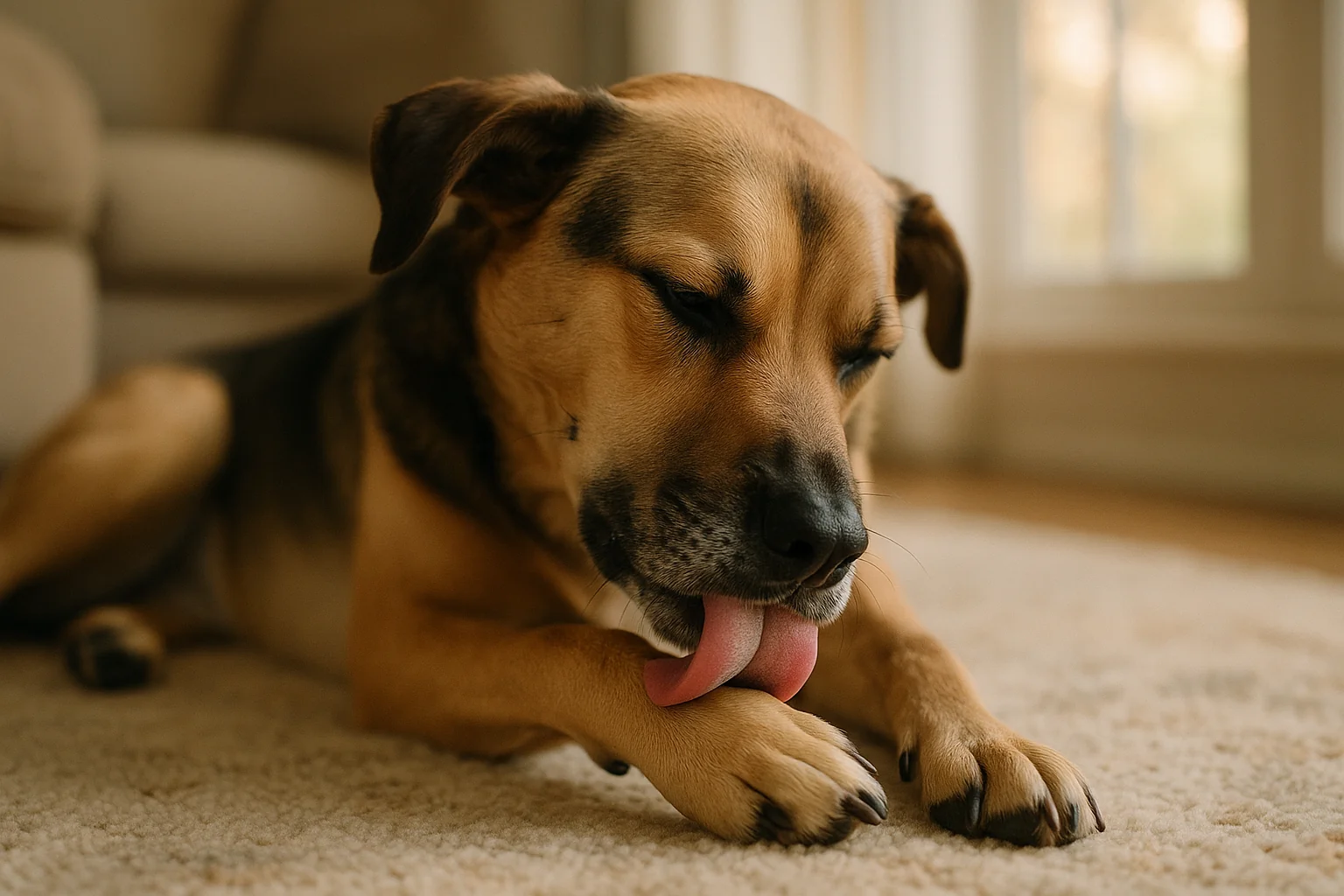 A dog lying comfortably on a rug, licking its front paw in soft light