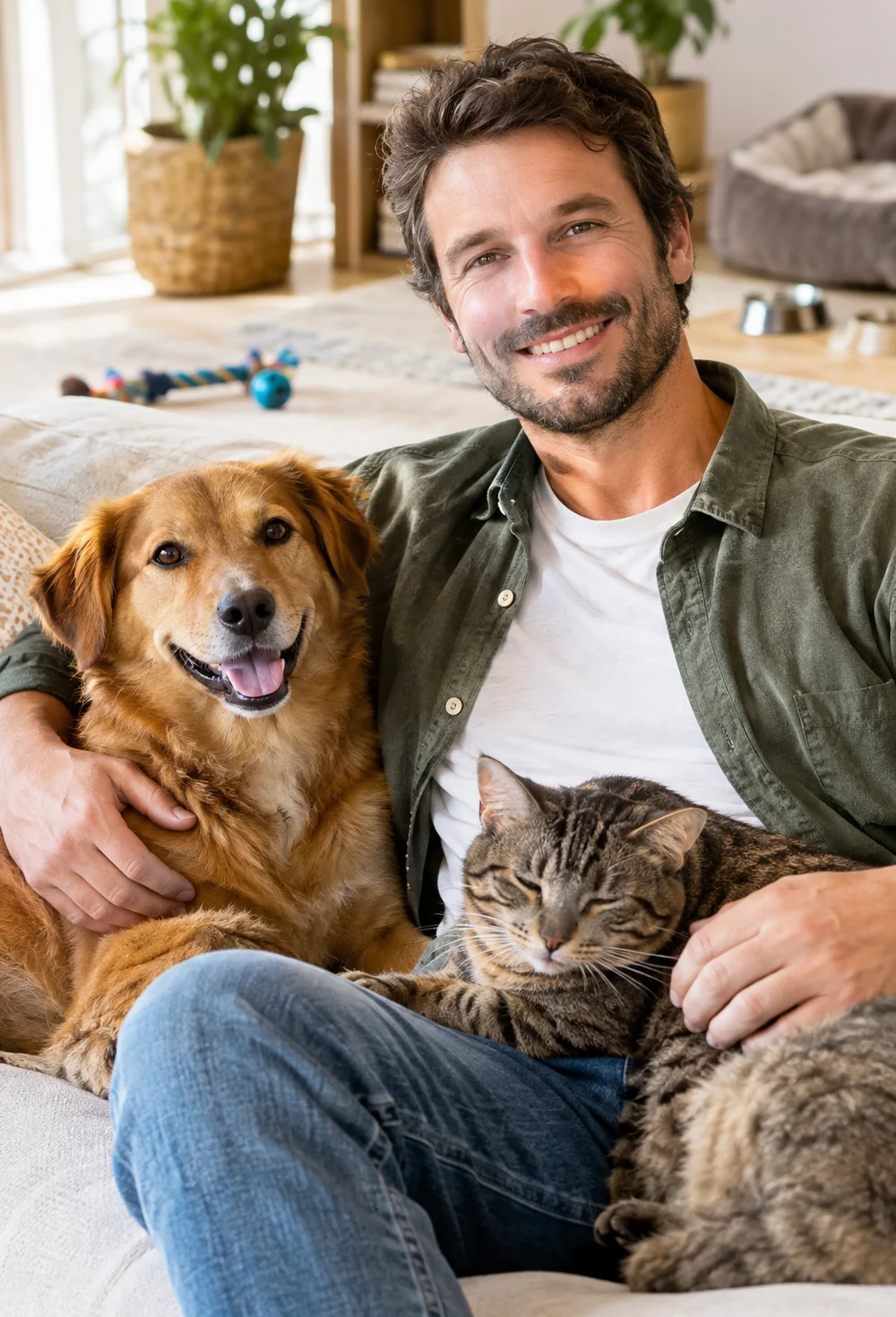 Alex Moreau, founder of Paw Province, sitting on a sofa with a golden retriever and a tabby cat